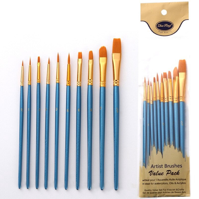 Painting Brush Different Shape 10pcs for Watercolor, Acrylic, oil paint, gouache